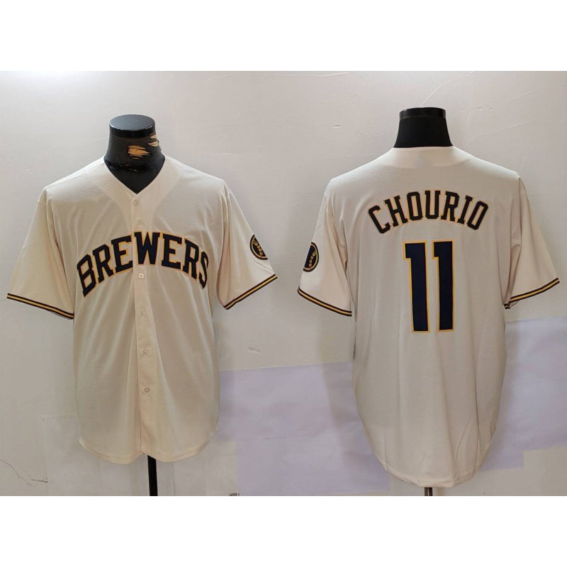 HALEY Milwaukee Brewers #11 Jackson Chourio Cream  Stitched Cool Base Jersey 2