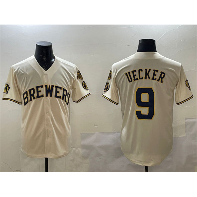 HALEY Milwaukee Brewers #9 Bob Uecker Cream  With Home Patch Stitched Jersey