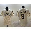 HALEY Milwaukee Brewers #9 Bob Uecker Cream  With Home Patch Stitched Jersey