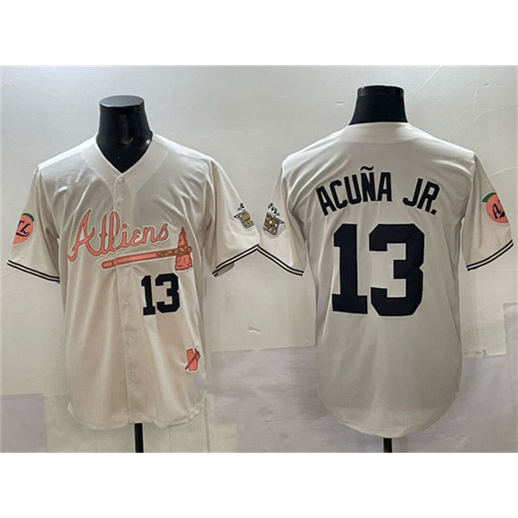 HALEY Atlanta Braves #13 Ronald Acu?a Jr. Cream  2024 Atliens & Peach With Outkast Patch Vapor Limited Stitched Jersey