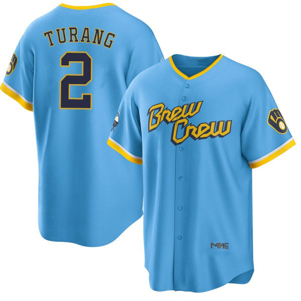 HALEY Milwaukee Brewers #2 Brice Turang Blue  2022 City Connect Cool Base Stitched Jersey