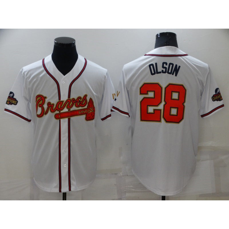 HALEY Atlanta Braves #28 Matt Olson 2022 White Gold  World Series Champions Program Cool Base Stitched Jersey