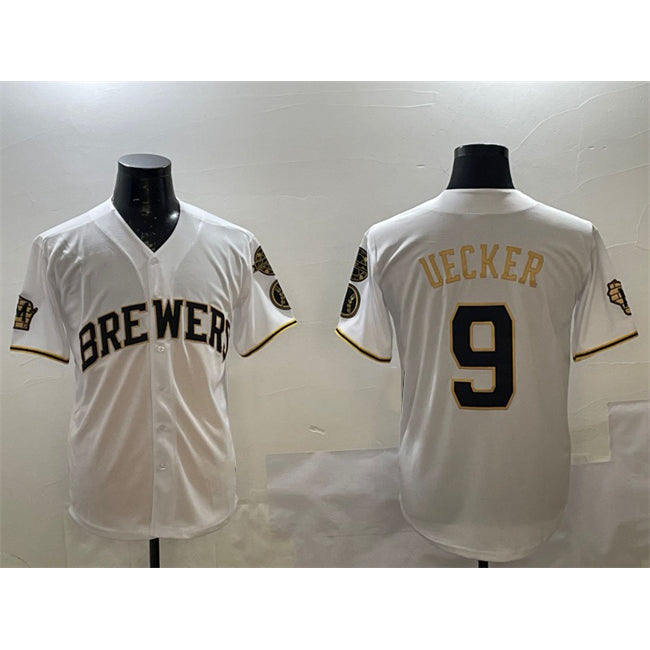 HALEY Milwaukee Brewers #9 Bob Uecker White Gold  With Home Patch Limited Stitched Jersey