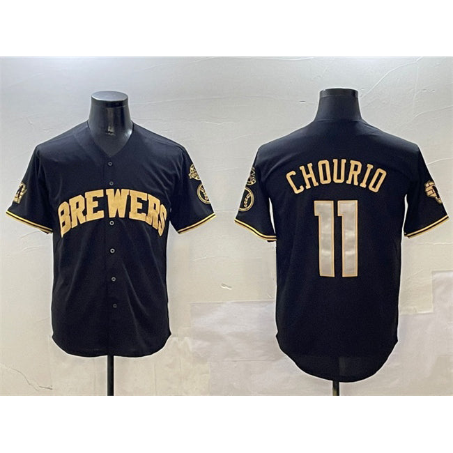 HALEY Milwaukee Brewers #11 Jackson Chourio Black Gold  With Home Patch Limited Stitched Jersey