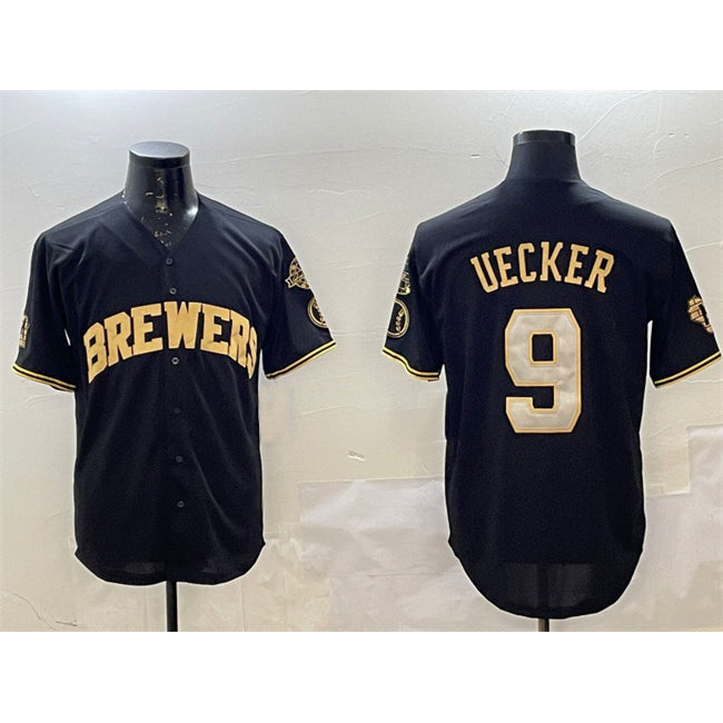 HALEY Milwaukee Brewers #9 Bob Uecker Black Gold  With Home Patch Limited Stitched Jersey
