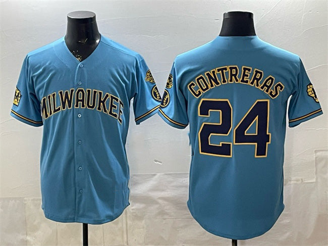 HALEY Milwaukee Brewers #24 William Contreras Blue  With Home & Bob Uecker Patch Stitched Jersey