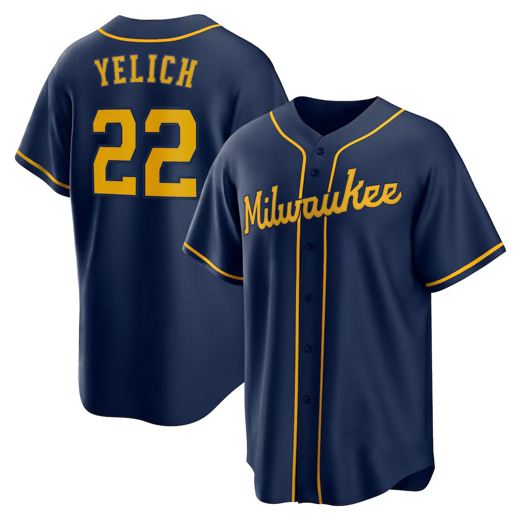 HALEY Milwaukee Brewers #22 Christian Yelich Navy  Alternate 2 Replica Jersey