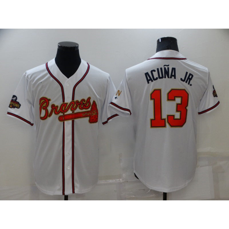 HALEY Atlanta Braves #13 Ronald Acuna Jr 2022 White Gold  World Series Champions Program Cool Base Stitched Jersey