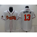 HALEY Atlanta Braves #13 Ronald Acuna Jr 2022 White Gold  World Series Champions Program Cool Base Stitched Jersey