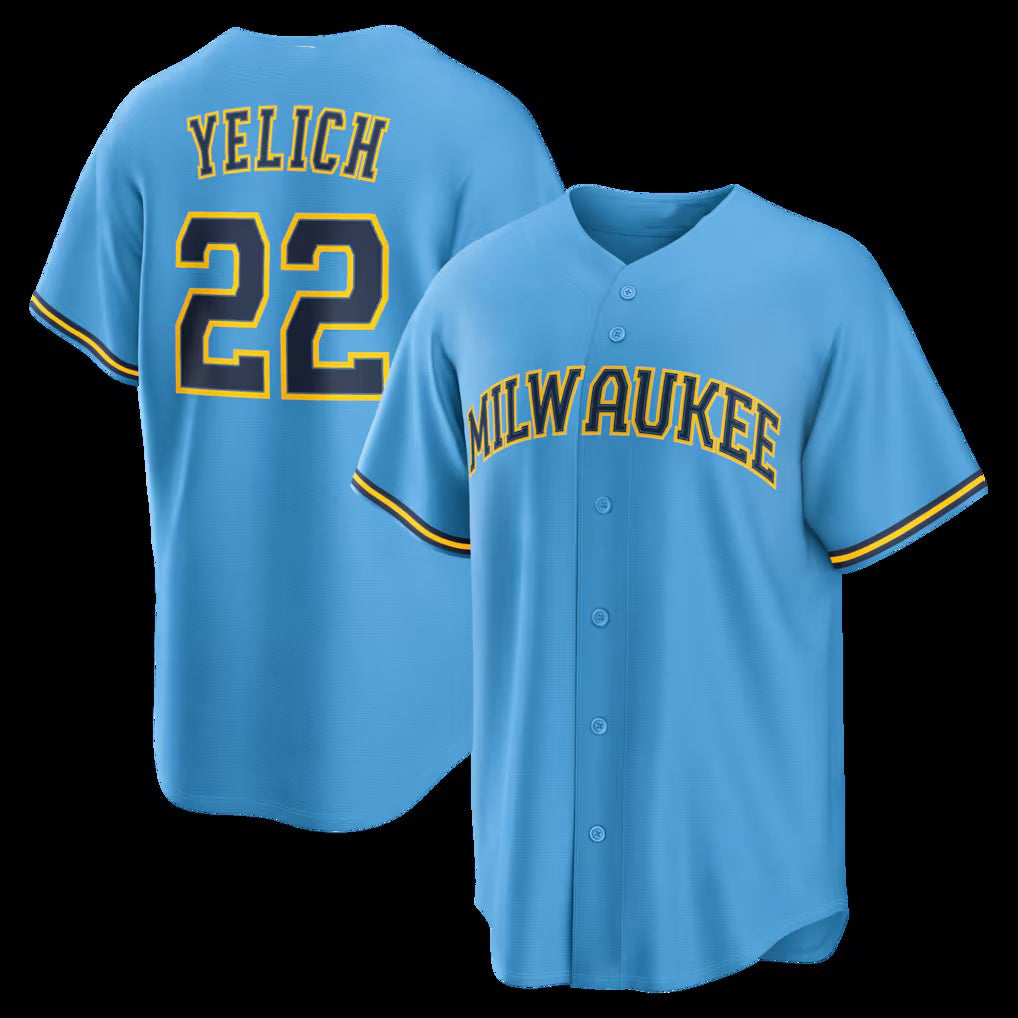 HALEY Milwaukee Brewers #22 Christian Yelich Light Blue  Road Replica Jersey
