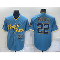 HALEY Milwaukee Brewers #22 Christian Yelich Number Blue  2022 City Connect Cool Base Stitched Jersey