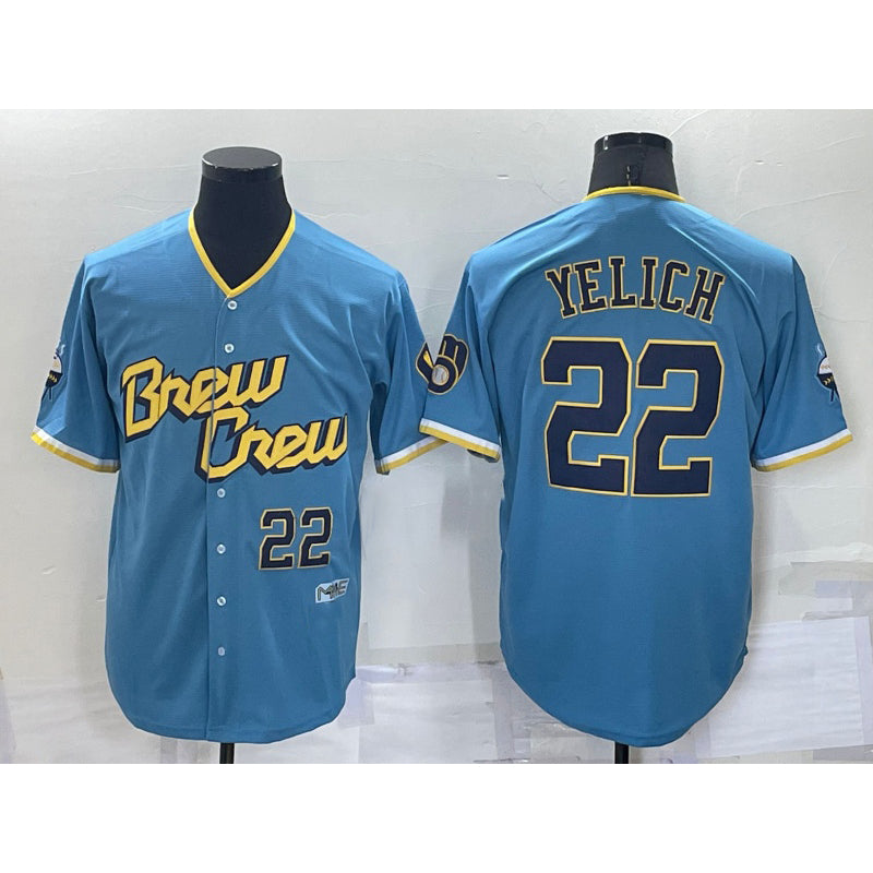 HALEY Milwaukee Brewers #22 Christian Yelich Number Blue  2022 City Connect Cool Base Stitched Jersey
