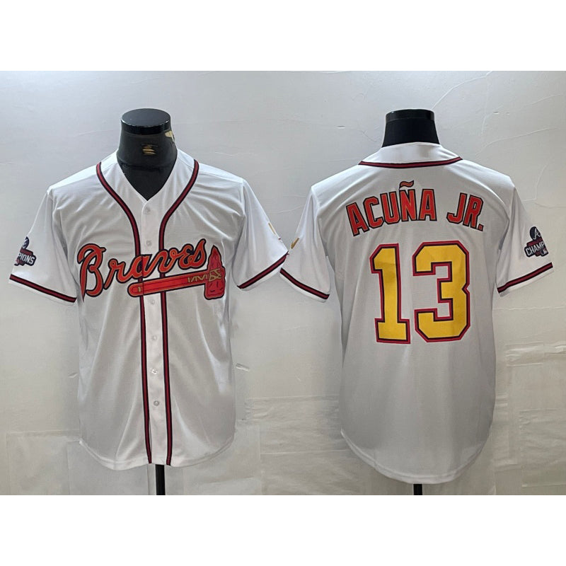 HALEY Atlanta Braves #13 Ronald Acuna Jr White Gold  2021 World Series Champions Stitched Cool Base Jersey