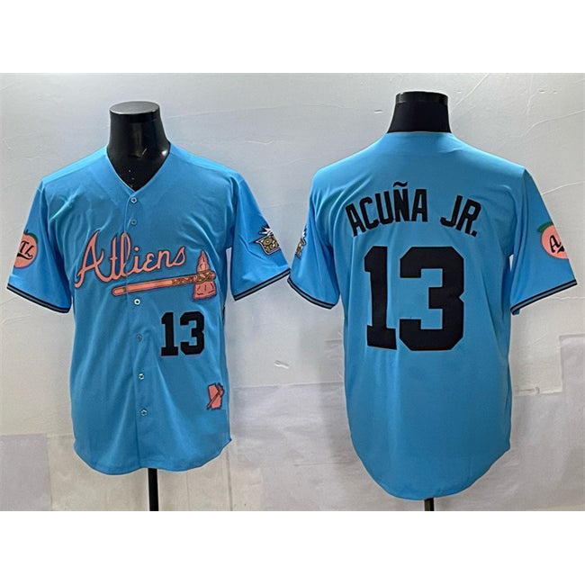 HALEY Atlanta Braves #13 Ronald Acuna Jr. Blue  2024 Atliens & Peach With Outkast Patch Vapor Limited Stitched Jersey