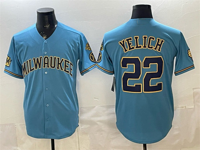 HALEY Milwaukee Brewers #22 Christian Yelich Blue  With Home & Bob Uecker Patch Stitched Jersey