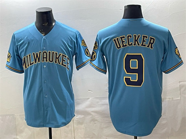 HALEY Milwaukee Brewers #9 Bob Uecker Blue  With Home & Bob Uecker Patch Stitched Jersey