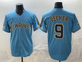 HALEY Milwaukee Brewers #9 Bob Uecker Blue  With Home & Bob Uecker Patch Stitched Jersey