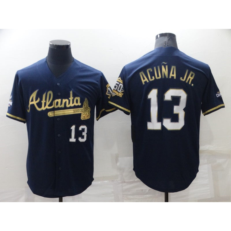 HALEY Atlanta Braves #13 Ronald Acuna Jr Navy Blue  2021 World Series Champions Golden Edition Stitched Cool Base Jersey