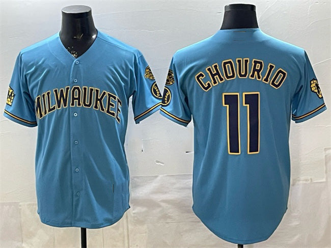 HALEY Milwaukee Brewers #11 Jackson Chourio Blue  With Home & Bob Uecker Patch Stitched Jersey