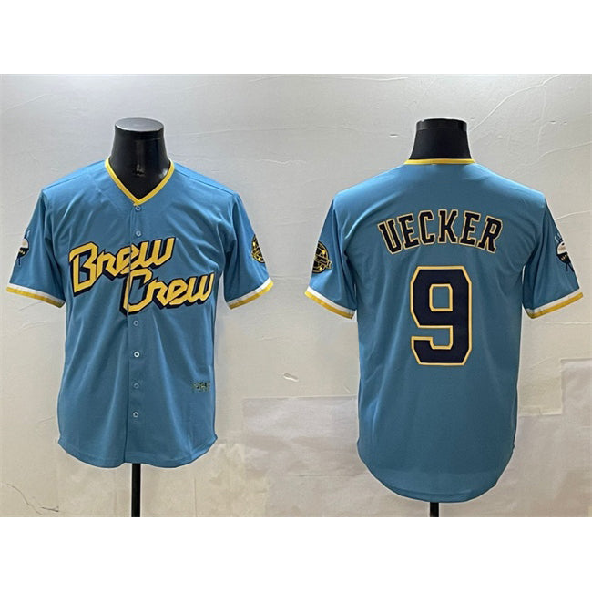 HALEY Milwaukee Brewers #9 Bob Uecker Powder Blue  City Connect With Patch Cool Base Stitched Jersey