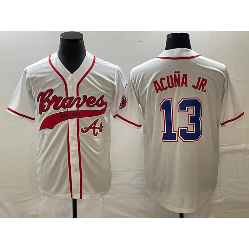 HALEY Atlanta Braves #13 Ronald Acuna Jr White  Cool Base With Patch Stitched Jersey 2