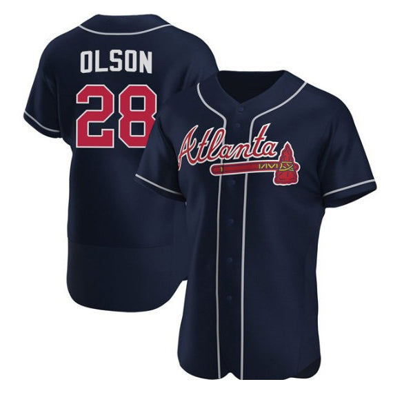 HALEY Atlanta Braves #28 Matt Olson Navy  Flex Base Stitched Jersey