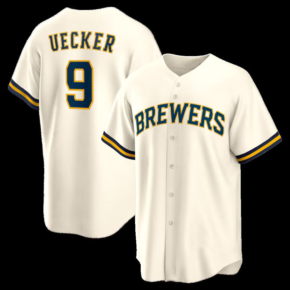 HALEY Milwaukee Brewers #9 Bob Uecker Cream  Home Retired Player Replica Jersey