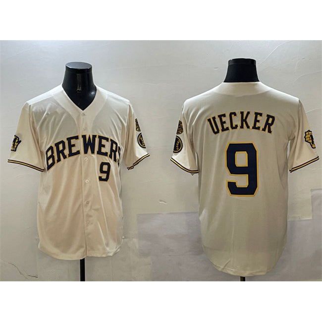 HALEY Milwaukee Brewers #9 Bob Uecker Cream  With Home Patch Limited Stitched Baseball Jersey