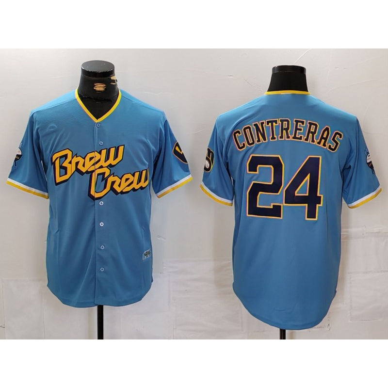 HALEY Milwaukee Brewers #24 William Contreras Blue  2022 City Connect Cool Base Stitched Jersey
