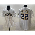 HALEY Milwaukee Brewers #22 Christian Yelich White  Pinstripe 2025 With Patch Stitched Jersey