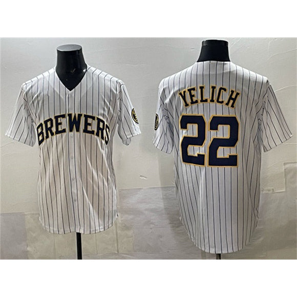 HALEY Milwaukee Brewers #22 Christian Yelich White  Pinstripe 2025 With Patch Stitched Jersey