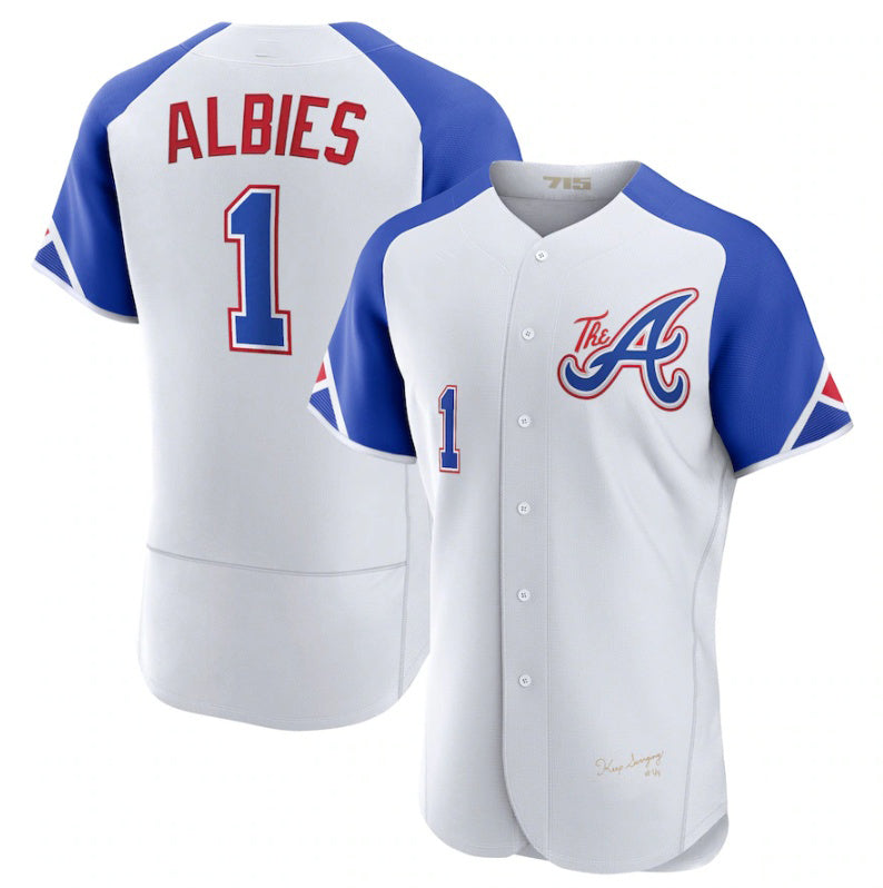 HALEY Atlanta Braves #1 Ozzie Albies White  2023 City Connect Flex Base Stitched Jersey