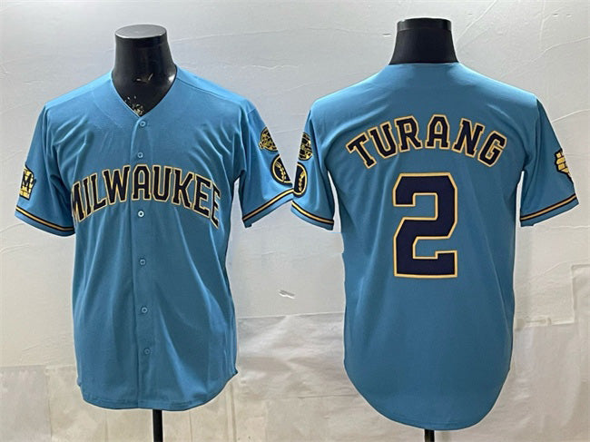 HALEY Milwaukee Brewers #2 Brice Turang Blue  With Home & Bob Uecker Patch Stitched Jersey