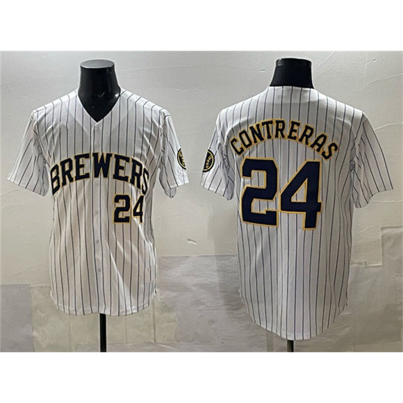 HALEY Milwaukee Brewers #24 William Contreras White  Pinstripe 2025 With Patch Stitched Stitched Jersey