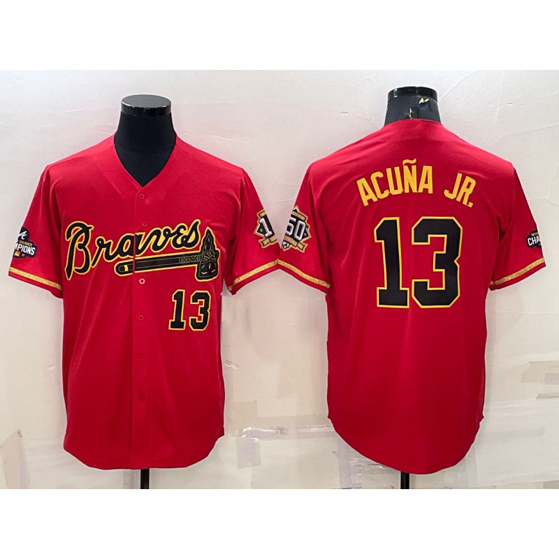 HALEY Atlanta Braves #13 Ronald Acuna Jr Red Gold  World Series Champions Program Cool Base Stitched Jersey