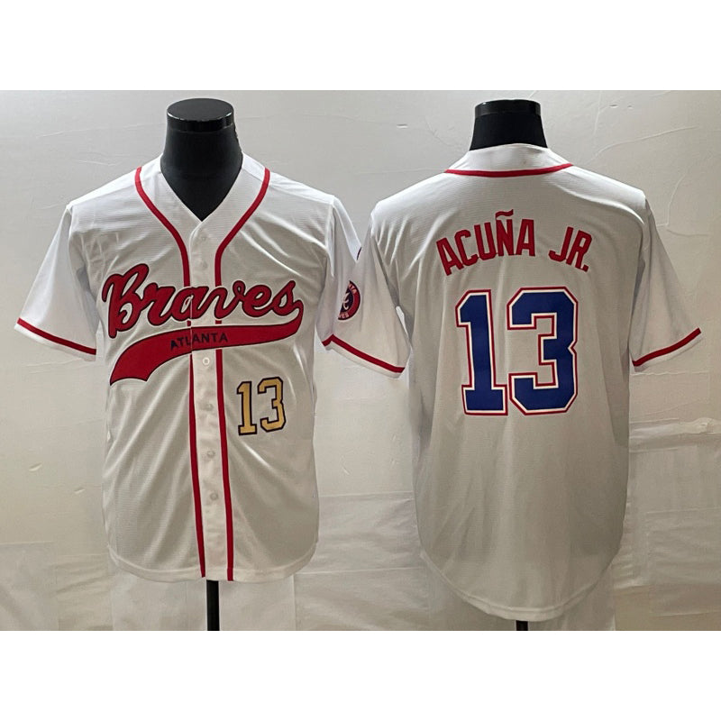 HALEY Atlanta Braves #13 Ronald Acuna Jr Number White  Cool Base With Patch Stitched Jersey