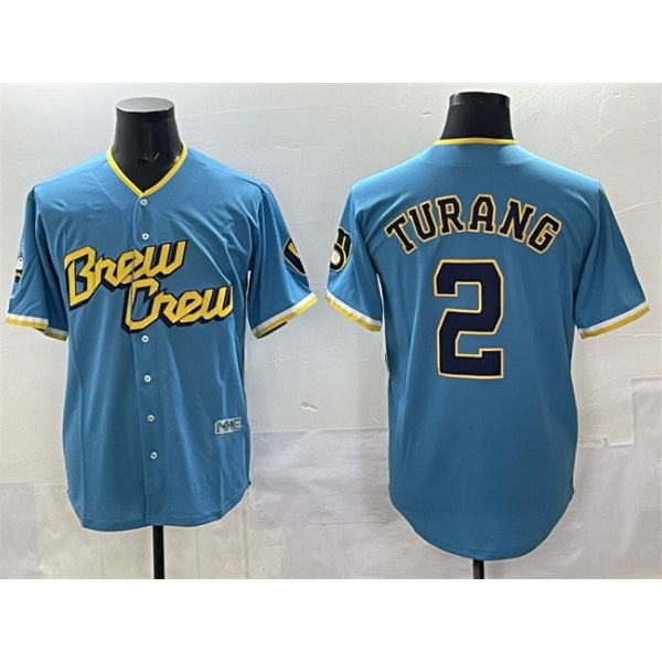 HALEY Milwaukee Brewers #2 Brice Turang Powder Blue  City Connect Cool Base Stitched Jersey