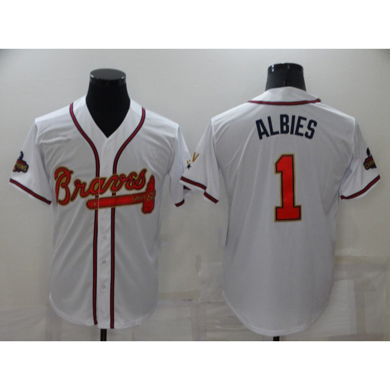 HALEY Atlanta Braves #1 Ozzie Albies 2022 White Gold  World Series Champions Program Cool Base Stitched Jersey