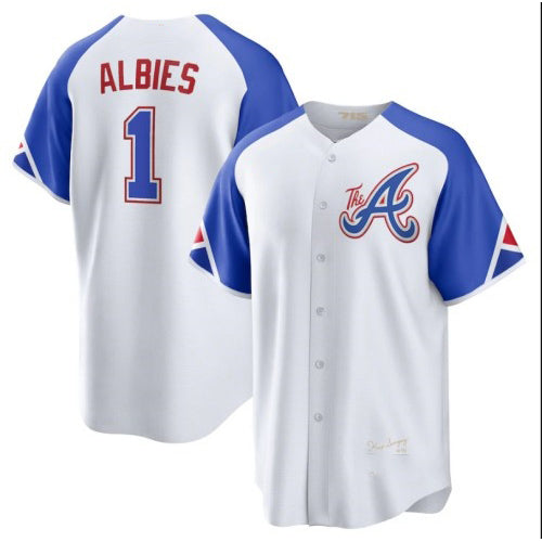 HALEY Atlanta Braves #1 Ozzie Albies White  2023 City Connect Cool Base Stitched Jersey