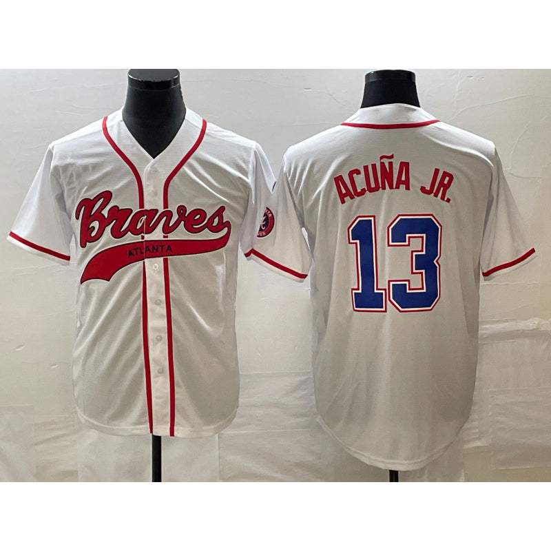 HALEY Atlanta Braves #13 Ronald Acuna Jr White  Cool Base With Patch Stitched Jersey
